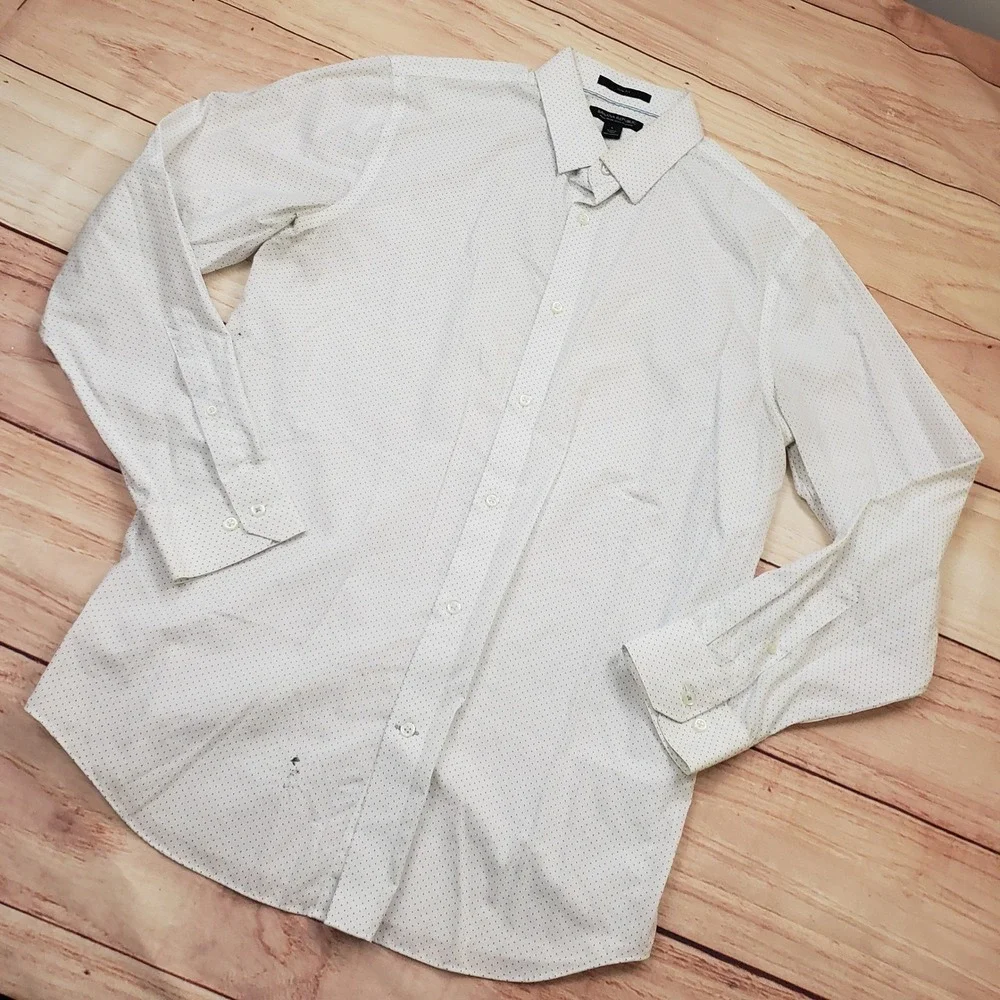 Banana Republic Shirt Mens L 16 White Blue Slim Fit Non-Iron‎ Dress Micro Dot *